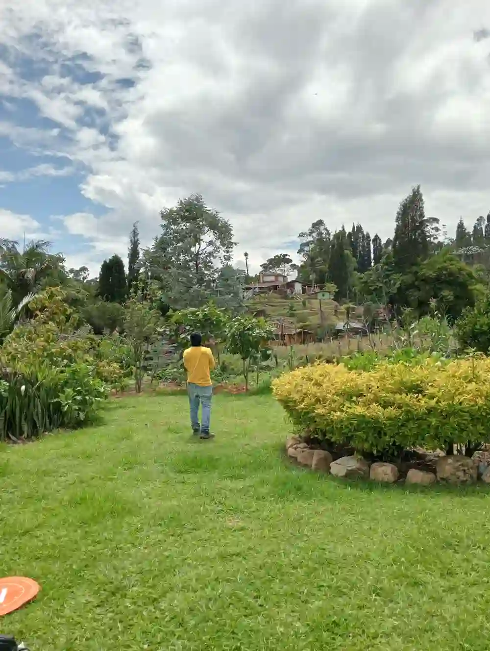 Persona observando un predio rural con vegetación y viviendas al fondo